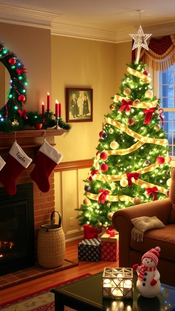 A cozy Christmas living room with a decorated tree, stockings, and a snowman, creating a festive atmosphere.
